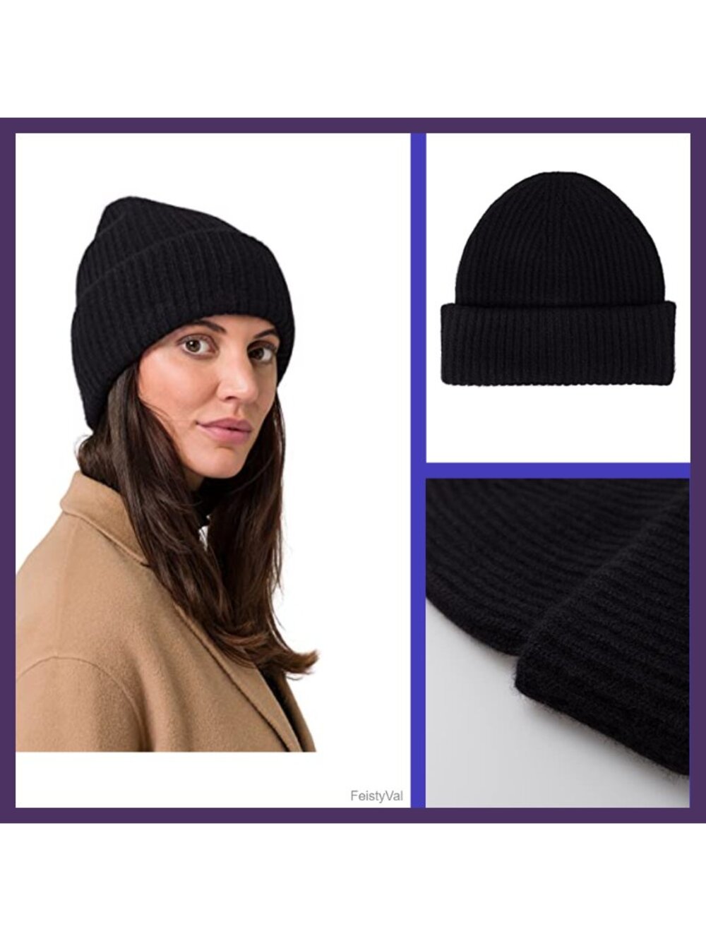 100% Cashmere Chunky Knit Stretchy Beanie Winter Hat Women